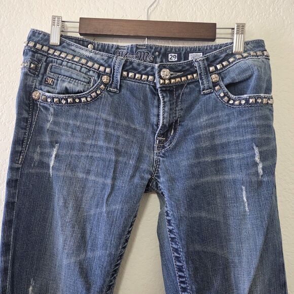 Miss Me JP5135BCL Straight Leg Distressed Jeans Size 29 Blue Studded Rhinestone - Picture 2 of 7